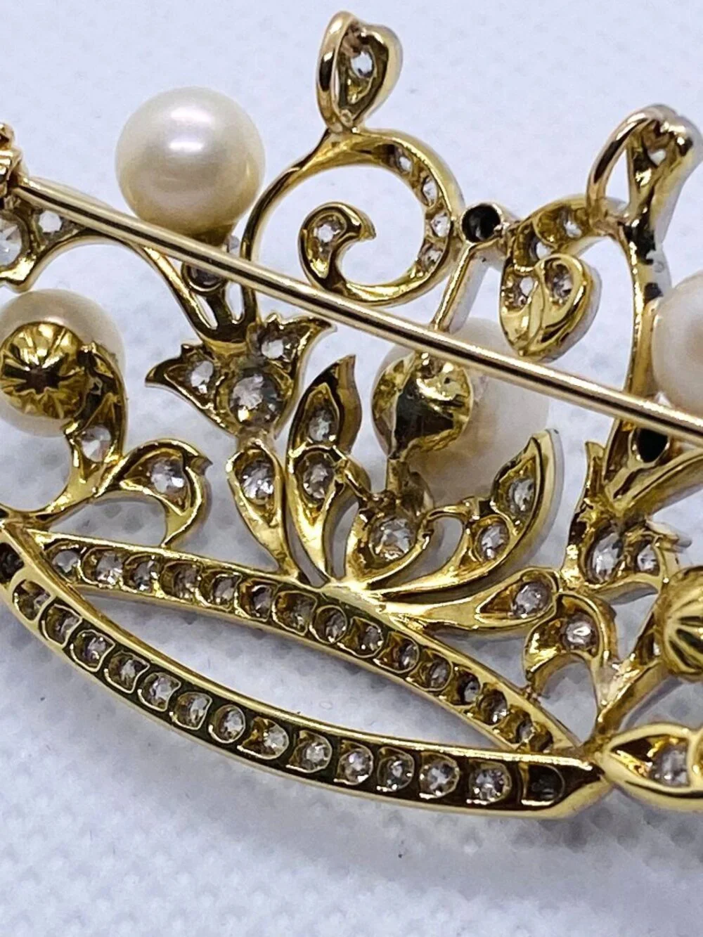 Platinum 950 18K Yellow Gold Pearl & Diamond Tiara Brooch